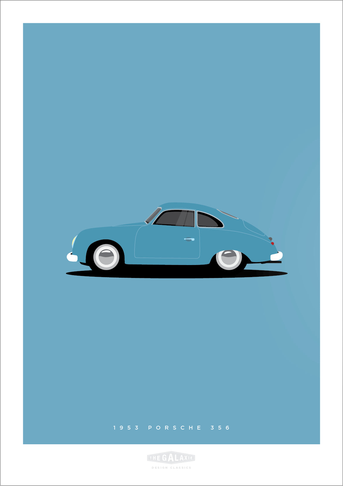 Beautiful hand drawn print of a classic grey blue 1953 Porsche 356 on a light blue background.