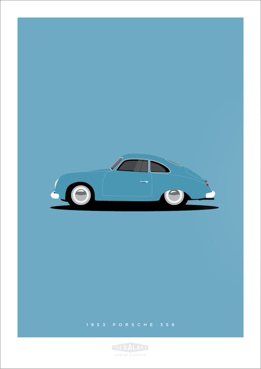 Beautiful hand drawn print of a classic grey blue 1953 Porsche 356 on a light blue background.