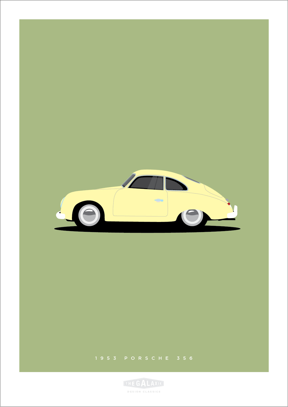 Beautiful hand drawn print of a pretty cream 1953 Porsche 356 on a light green background.