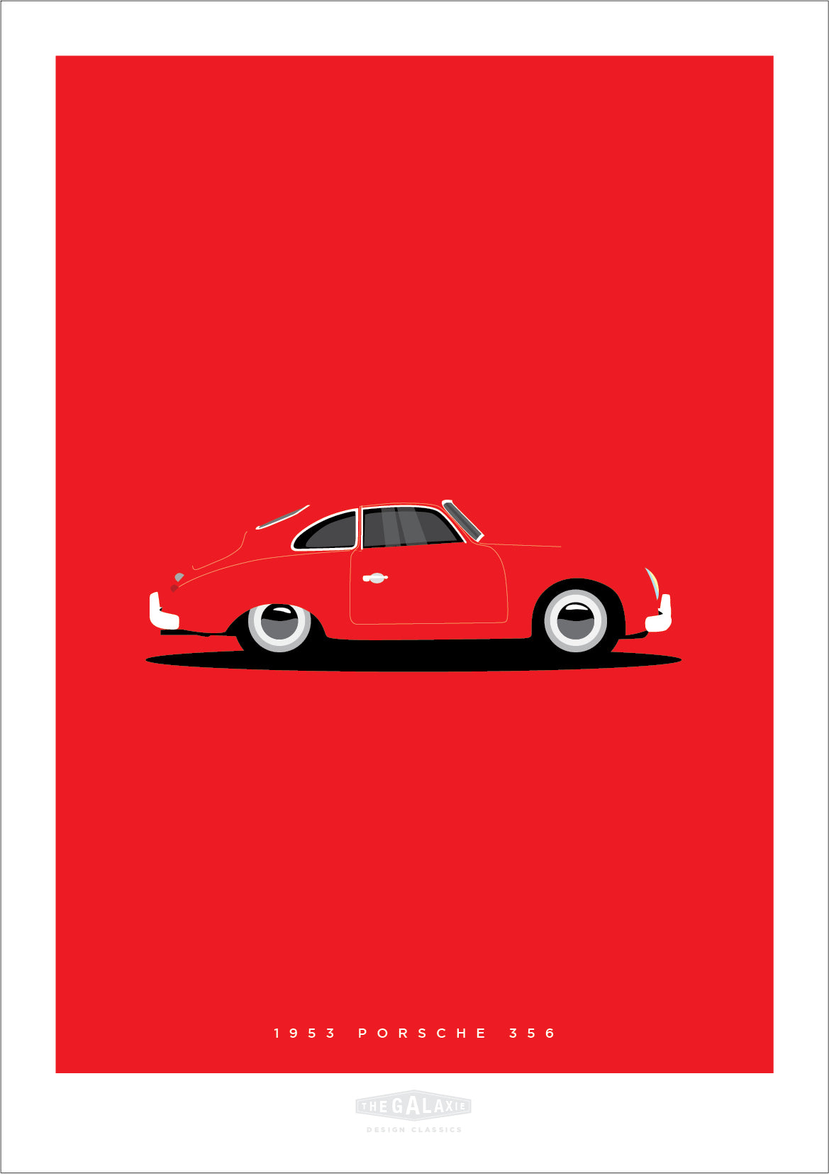 Beautiful hand drawn print of a brilliant red 1953 Porsche 356 on a red background.