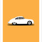 Beautiful hand drawn print of a cool white 1953 Porsche 356 on a classy mandarin colour background.