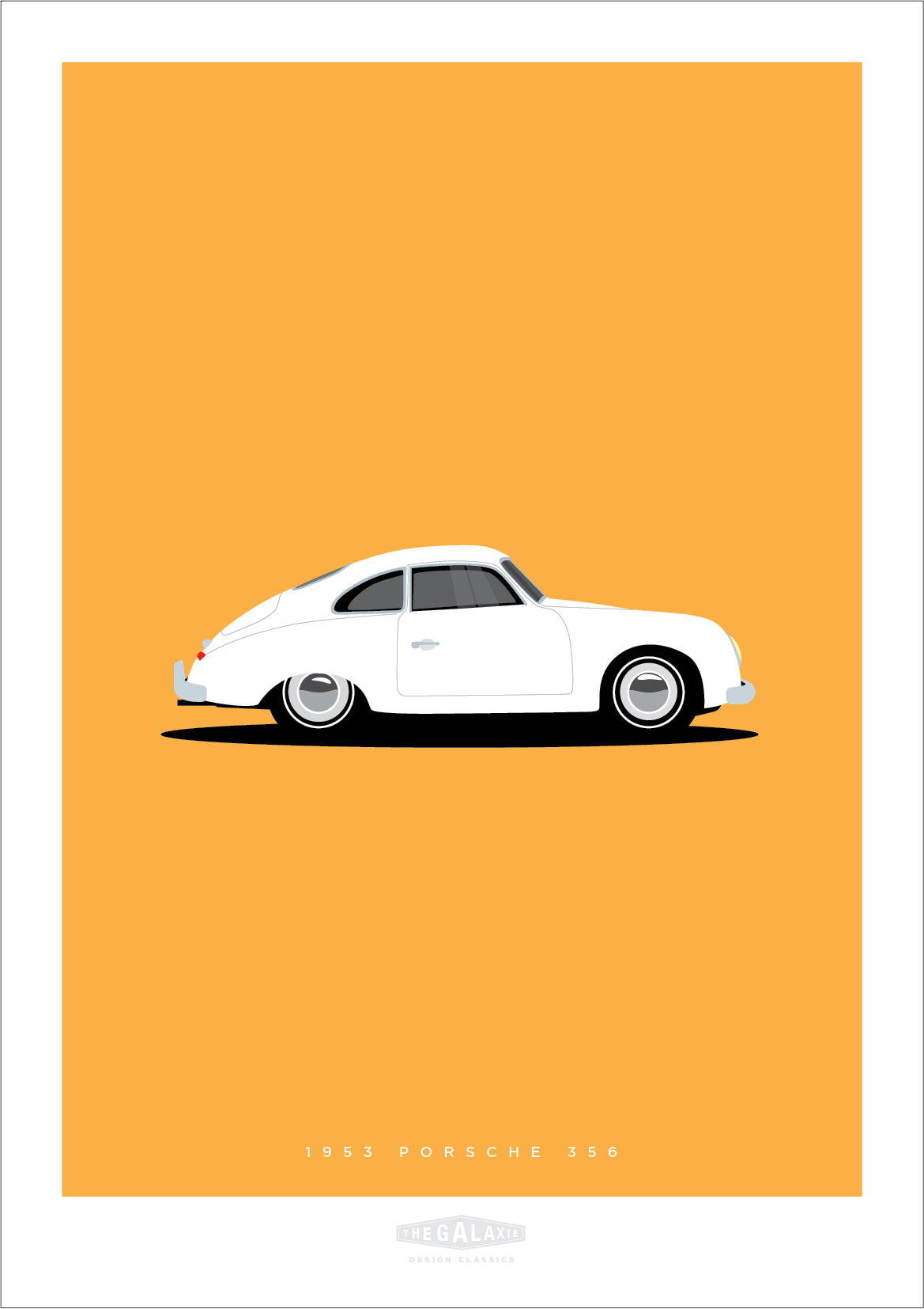 Beautiful hand drawn print of a cool white 1953 Porsche 356 on a classy mandarin colour background.