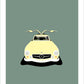 This is a hand drawn poster of a magnificent cream 1954 Mercedes Benz 300 SL Gullwing sports car on a green background. 