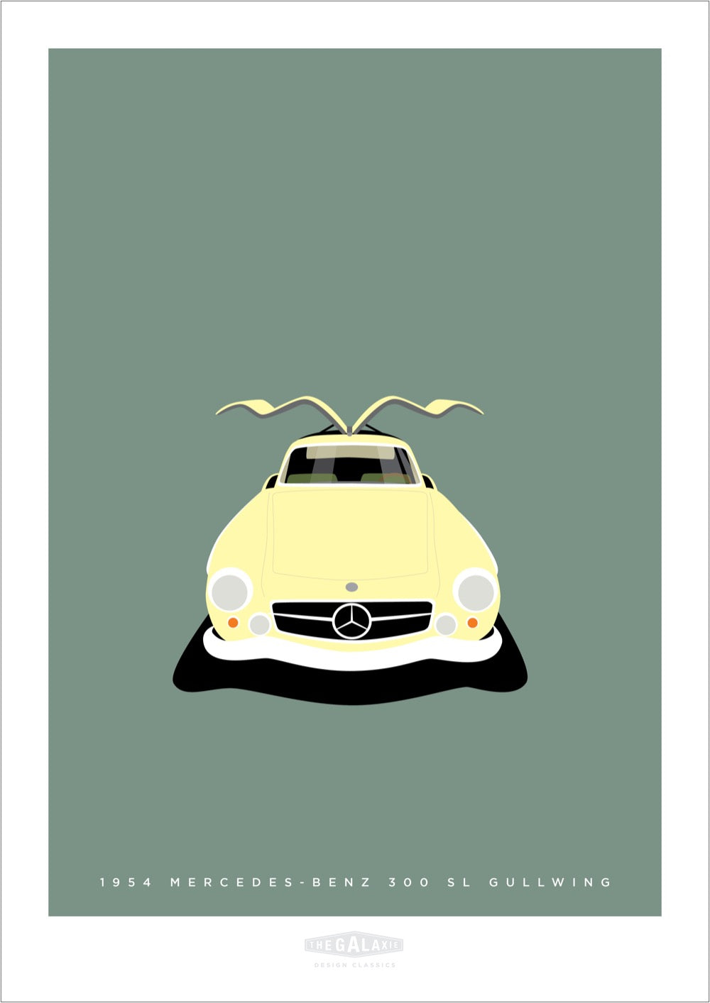 This is a hand drawn poster of a magnificent cream 1954 Mercedes Benz 300 SL Gullwing sports car on a green background. 