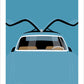 This is a hand drawn close up poster of a magnificent blue 1954 Mercedes Benz 300 SL Gullwing sports car on a grey blue background.  