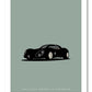 Classy hand drawn poster of a black 1967 Alfa Romeo 33 Stradale car on cool green background.