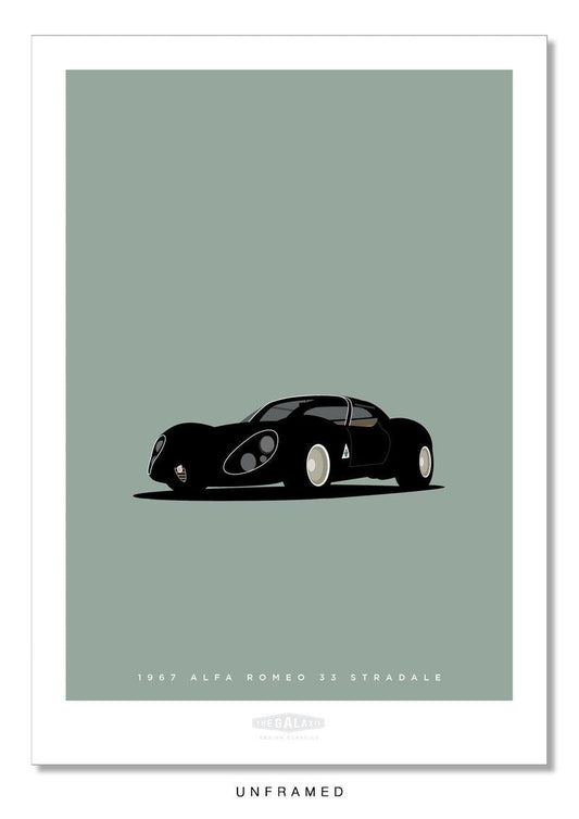 Classy hand drawn poster of a black 1967 Alfa Romeo 33 Stradale car on cool green background.