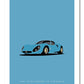 Classy hand drawn poster of a blue 1967 Alfa Romeo 33 Stradale car on cool blue background.
