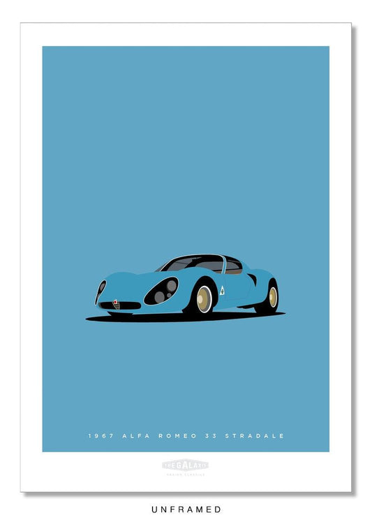 Classy hand drawn poster of a blue 1967 Alfa Romeo 33 Stradale car on cool blue background.