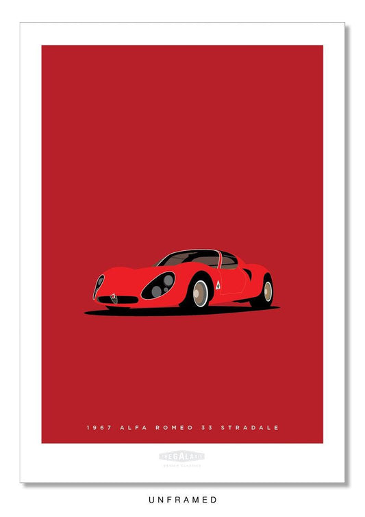 Classy hand drawn poster of a stunning red 1967 Alfa Romeo 33 Stradale car on darker red background.