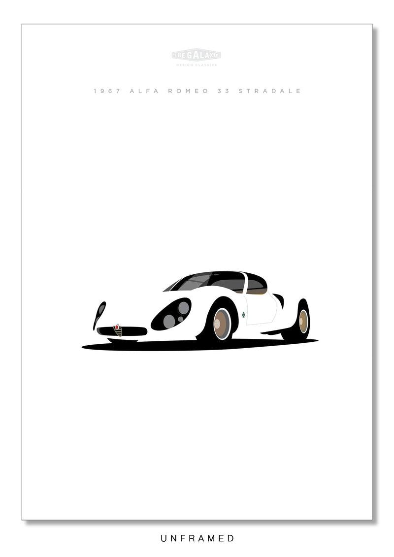 Classy hand drawn poster of a white 1967 Alfa Romeo 33 Stradale car on white background.