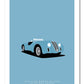 Classy and vibrant hand drawn poster of an elegant blue 1939 Alfa Romeo 6C 2500SS Spider Corsa roadster on a soft blue background.