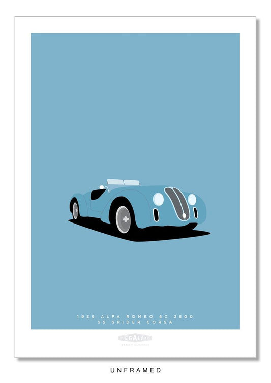 Classy and vibrant hand drawn poster of an elegant blue 1939 Alfa Romeo 6C 2500SS Spider Corsa roadster on a soft blue background.