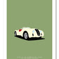 Classy and vibrant hand drawn poster of an elegant cream 1939 Alfa Romeo 6C 2500SS Spider Corsa roadster on a soft olive green background.