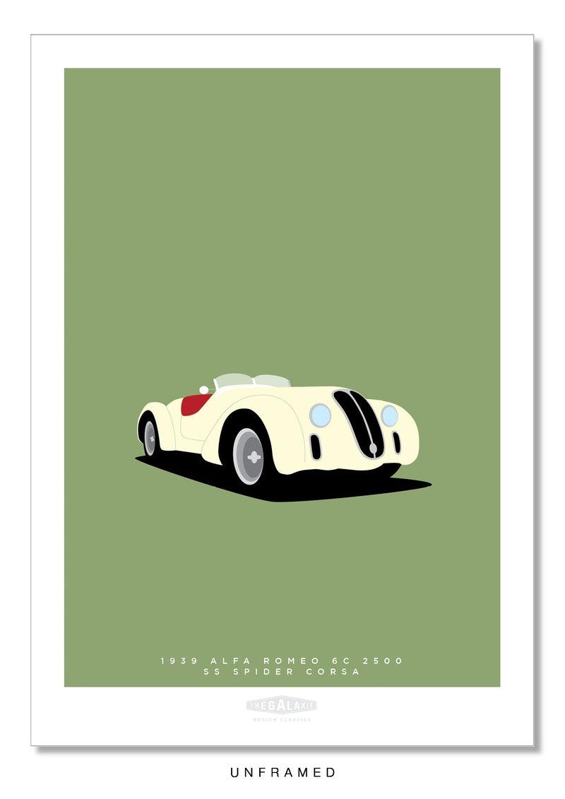 Classy and vibrant hand drawn poster of an elegant cream 1939 Alfa Romeo 6C 2500SS Spider Corsa roadster on a soft olive green background.