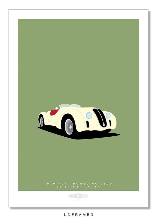 Classy and vibrant hand drawn poster of an elegant cream 1939 Alfa Romeo 6C 2500SS Spider Corsa roadster on a soft olive green background.