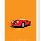 Classy and vibrant hand drawn poster of a red 1939 Alfa Romeo 6C 2500SS Spider Corsa roadster on an orange background.
