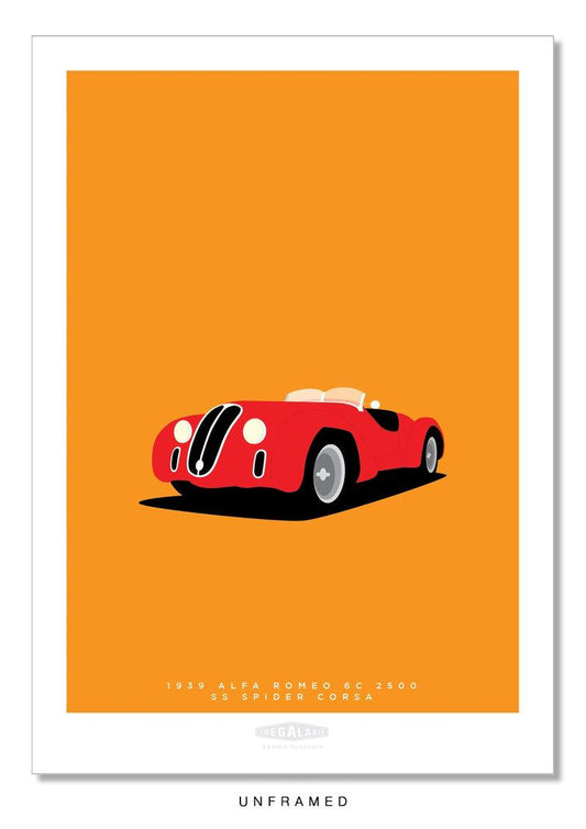 Classy and vibrant hand drawn poster of a red 1939 Alfa Romeo 6C 2500SS Spider Corsa roadster on an orange background.