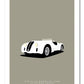 Classy and elegant hand drawn poster of an white 1939 Alfa Romeo 6C 2500SS Spider Corsa roadster on a soft stone grey background.