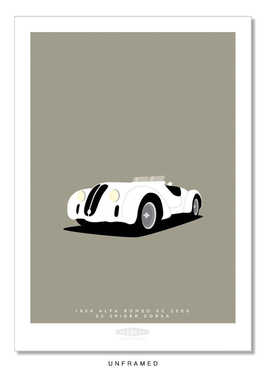 Classy and elegant hand drawn poster of an white 1939 Alfa Romeo 6C 2500SS Spider Corsa roadster on a soft stone grey background.