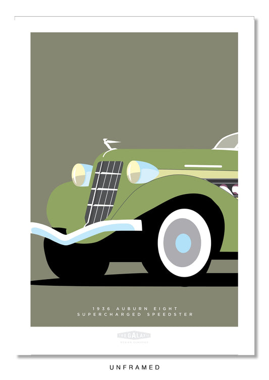 Classy hand drawn poster of the grille and bonnet of a green 1936 Auburn Eight Supercharged Speedster roadster on a soft grey green background.