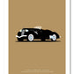 Classy hand drawn poster of a stunning black 1936 Auburn Eight Supercharged Speedster roadster on a soft tan background.