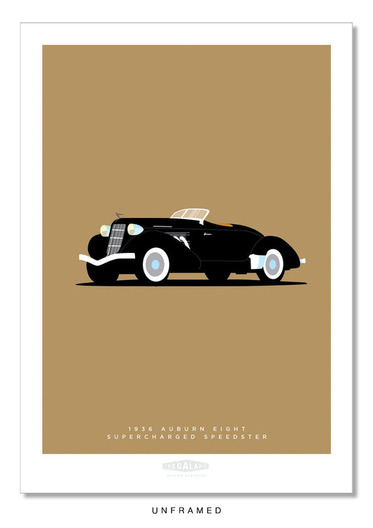 Classy hand drawn poster of a stunning black 1936 Auburn Eight Supercharged Speedster roadster on a soft tan background.