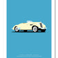 Classy hand drawn poster of an elegant cream 1936 Auburn Eight Supercharged Speedster roadster on a soft blue background.