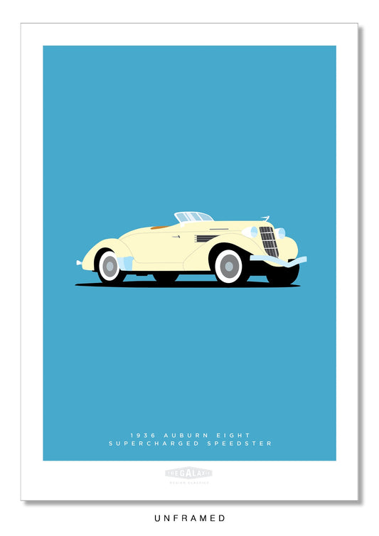 Classy hand drawn poster of an elegant cream 1936 Auburn Eight Supercharged Speedster roadster on a soft blue background.