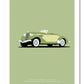 Classy hand drawn poster of an elegant two tone green 1936 Auburn Eight Supercharged Speedster roadster on a soft olive green background.
