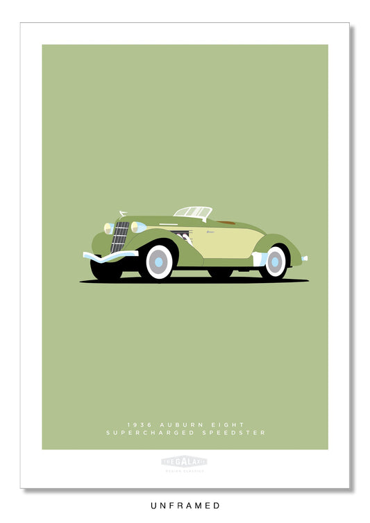 Classy hand drawn poster of an elegant two tone green 1936 Auburn Eight Supercharged Speedster roadster on a soft olive green background.