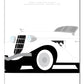 Classy hand drawn poster of an elegant white 1936 Auburn Eight Supercharged Speedster roadster on a white background.