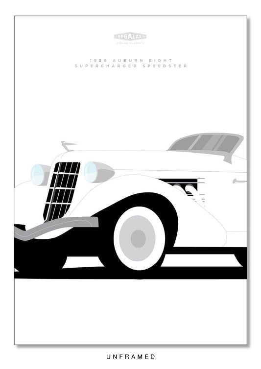 Classy hand drawn poster of an elegant white 1936 Auburn Eight Supercharged Speedster roadster on a white background.