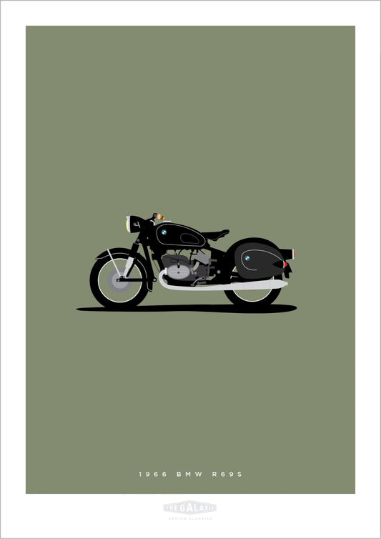 Classy and cool hand drawn poster of a black 1966 BMW R69S motorbike on an elegant green background.