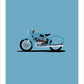 Classy and cool hand drawn poster of a blue 1966 BMW R69S motorcycle on a soft blue background.  