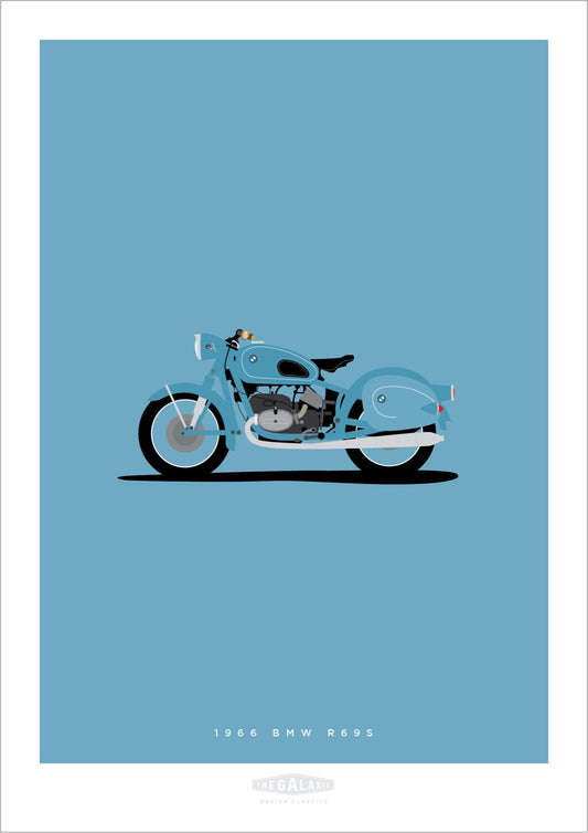 Classy and cool hand drawn poster of a blue 1966 BMW R69S motorcycle on a soft blue background.  