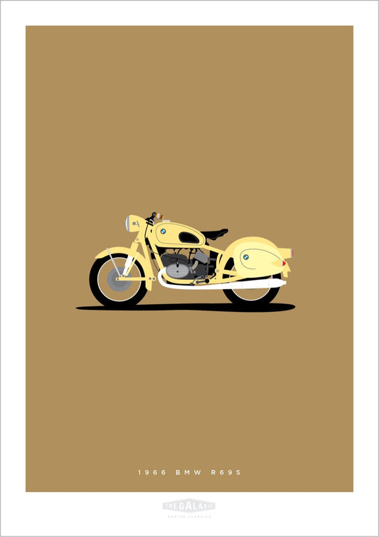 Classy and cool hand drawn poster of a cream 1966 BMW R69S motorbike on an elegant tan background.   