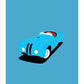 Classy hand drawn poster of a classic blue 1949 BMW 328 roadster on an elegant blue background.   