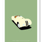 Classy hand drawn poster of a classic cream 1949 BMW 328 roadster on an elegant green background.   