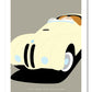 Classy hand drawn poster of a classic cream 1949 BMW 328 roadster on an elegant grey background.   