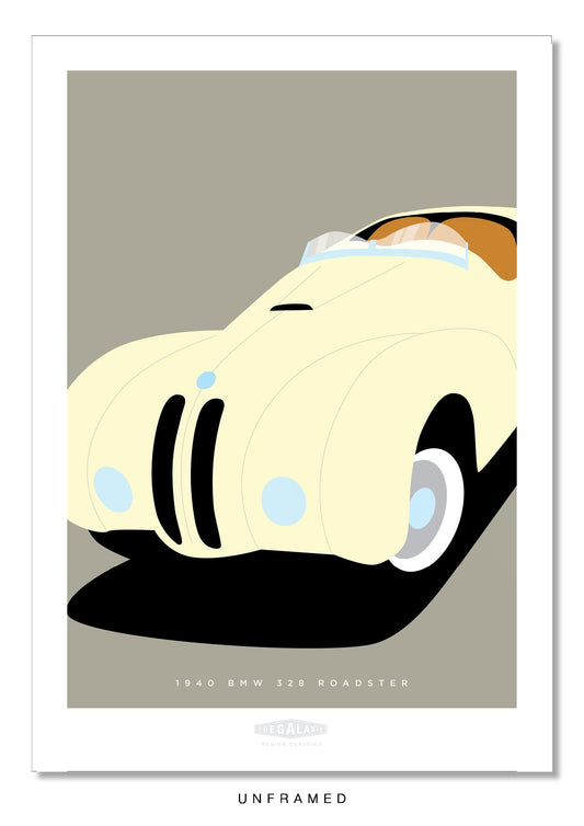 Classy hand drawn poster of a classic cream 1949 BMW 328 roadster on an elegant grey background.   