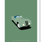 Classy hand drawn poster of a beautiful green 1949 BMW 328 roadster on an elegant green background.   