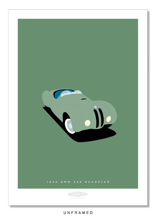 Classy hand drawn poster of a beautiful green 1949 BMW 328 roadster on an elegant green background.   