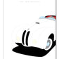 Stylish and minimal hand drawn poster of a classic white 1949 BMW 328 roadster on a white background.   