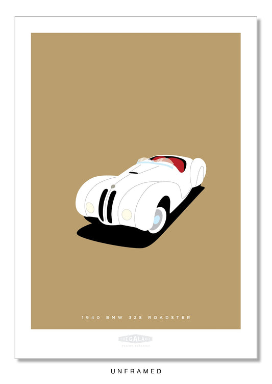 Classy hand drawn poster of a classic white 1949 BMW 328 roadster looking stunning on a soft tan background.   