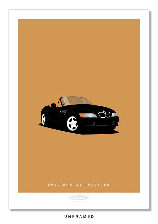 Classy hand drawn poster of a beautiful black 2000 BMW Z3 Roadster on an elegant tan background.