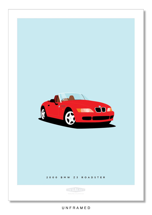 Vibrant hand drawn poster of a beautiful red 2000 BMW Z3 Roadster on a light blue background.