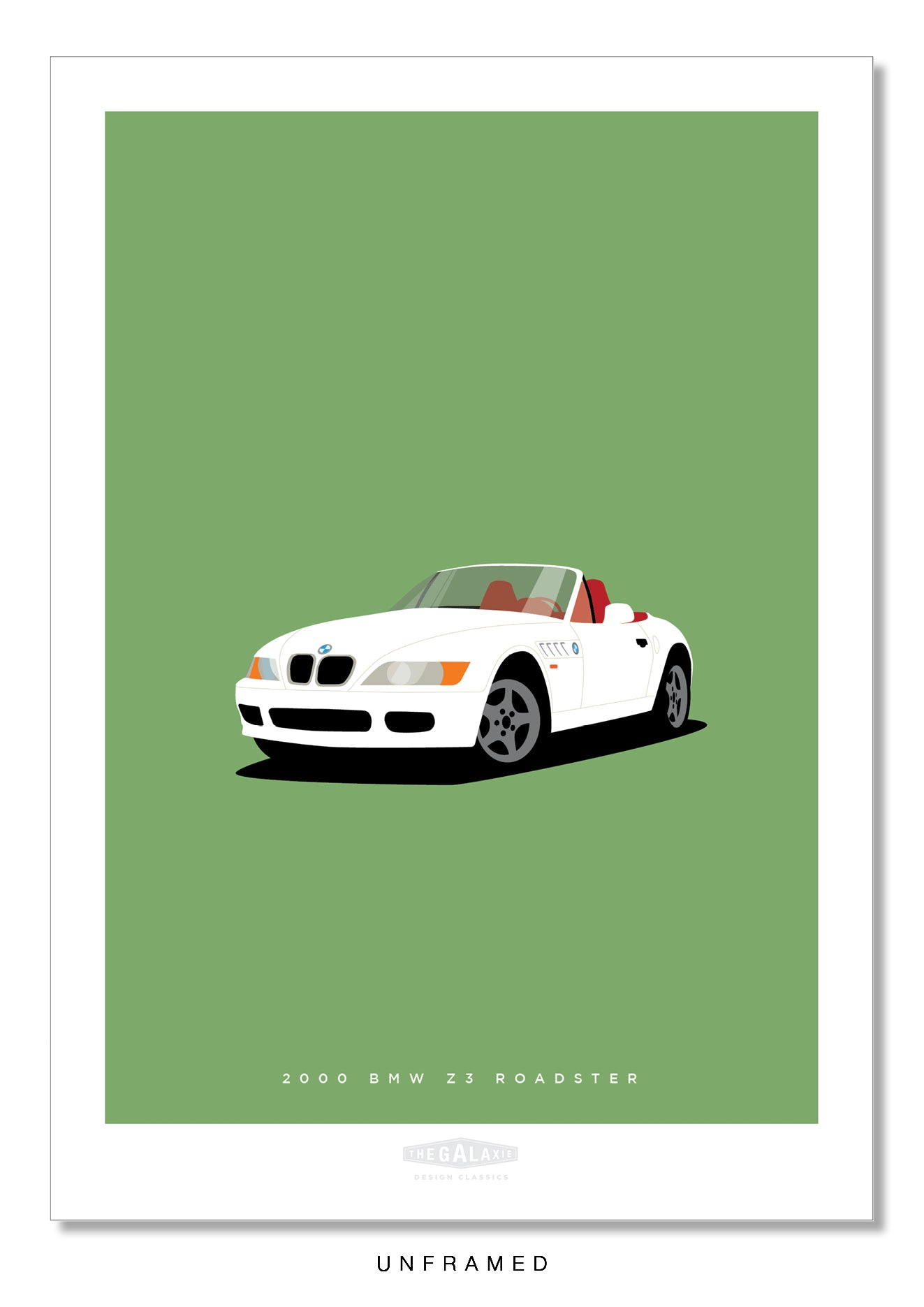Classy hand drawn poster of a beautiful white 2000 BMW Z3 Roadster on an elegant green background.