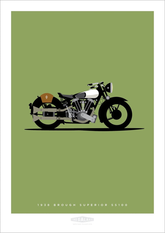 Beautiful hand drawn poster of a classic black and silver 1938 Brough Superior SS100 motorbike on an elegant green background.