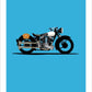 Beautiful hand drawn poster of a classic black and silver 1938 Brough Superior SS100 motorbike on an elegant blue background.